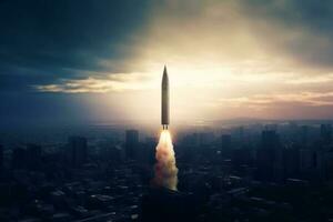 cohete lanzamiento dentro el cielo con paisaje urbano en el antecedentes. generativo ai foto