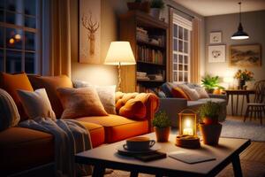 Living room filled with furniture and table with lamp on top of it. photo
