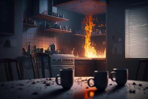 Fire burning in kitchen next to two coffee mugs on table. photo
