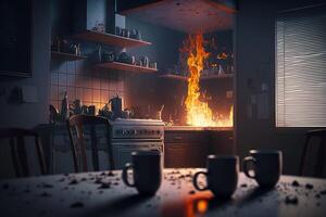 Fire burning in kitchen next to two coffee mugs on table. Generative AI photo