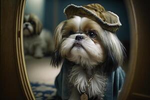 Small dog wearing hat and sitting in front of mirror with reflection of dog in the mirror. photo