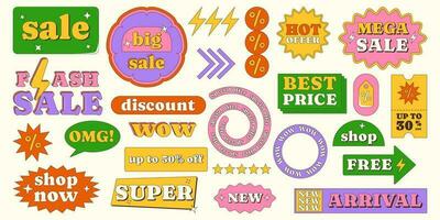 Set of retro sale stickers, shapes, discount elements. Collection for shopping and packaging, new arrival, shop now, omg, wow, best price. Vector trendy promo labels, y2k style