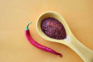 top view of chili flakes in a bowl on table photo