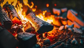 Close up of fire with rocks and fire pit in front of it. Generative AI photo