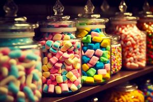 Shelf filled with glass jars filled with colorful marshmallows on top of each other. Generative AI photo