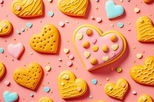 Variety of heart shaped cookies on pink background with confetti. photo