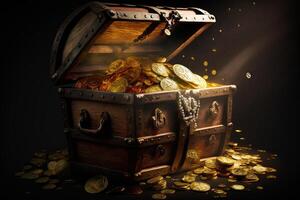 An open chest full of gold coins on black background. Generative AI photo