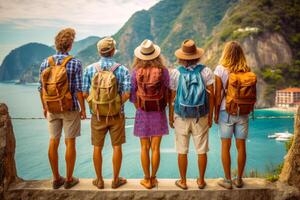 Group of people standing on top of cliff overlooking body of water. Generative AI photo