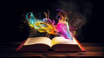 Open book with colorful smoke coming out of it on wooden table. photo