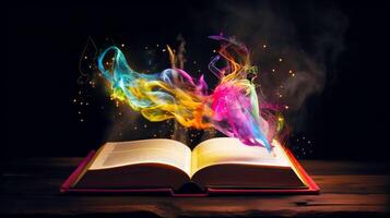 Open book with colorful smoke coming out of it on wooden table. Generative AI photo