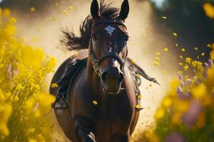 Horse running through field of yellow flowers with its head turned to the side. Generative AI photo