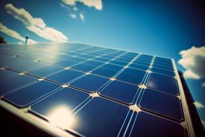 Close up of solar panel with clouds in the background. photo