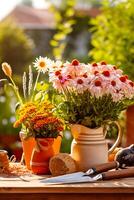 Couple of vases filled with flowers on top of wooden table. Generative AI photo