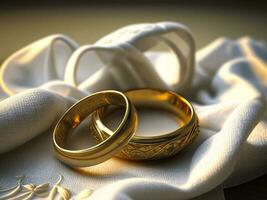 dos oro Boda anillos sentar en parte superior de blanco paño. generativo ai foto