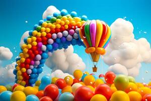 Bunch of balloons are floating in the air with rainbow in the background. photo