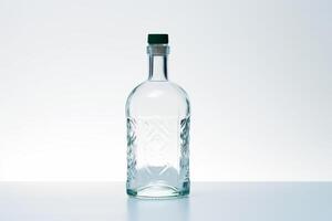 Glass bottle with green cap on white table with white background. photo