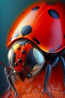 Close up of red lady bug with black dots on it's face. Generative AI photo