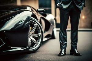 Man in suit and tie standing next to black sports car. Generative AI photo