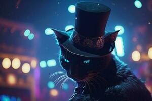 Black cat wearing top hat with blue eyes and black fur coat on. Generative AI photo