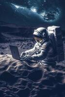 hombre en espacio traje sentado en el Luna utilizando ordenador portátil computadora. generativo ai foto