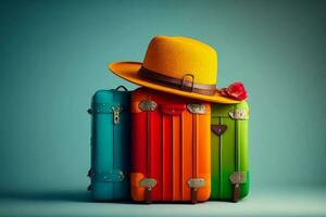 Three colorful suitcases and hat on blue background. Generative AI photo