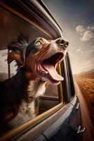 Dog sticking its head out of car window with its mouth open. Generative AI photo