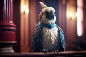 White and blue bird with feathers on it's head sitting on table. photo