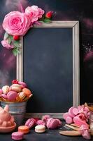 Bucket of macaroni and cheese next to chalkboard with pink flowers. Generative AI photo