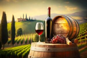 Glass of wine and barrel of grapes on vineyard. photo