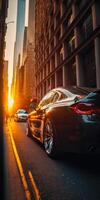 Car parked on the side of street next to tall building. photo