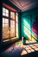 Can of paint sitting in front of window next to window sill. photo