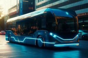 Futuristic bus on city street with buildings in the background at night. Generative AI photo