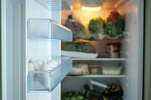 white eggs on the refrigerator shelf. photo