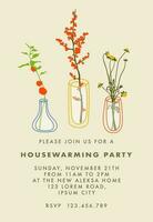 Housewarming party invitation design with flowers in vases. Simple cartoon flat style. Trendy vector illustration for invitations, greeting card, web banner design.