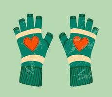 Winter gloves flat illustration with hearts. Winter gloves and winter holiday concept. Hand drawn flat textured holiday greeting card. Cute green mittens. Trendy illustration for print and web. vector