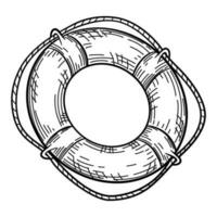 Lifebuoy with rope isolated sketch. Hand drawn life ring in engraving style. vector