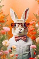 Rabbit wearing glasses and bow tie standing in field of flowers. Generative AI photo