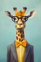 Giraffe wearing glasses and suit with yellow bow tie. Generative AI photo