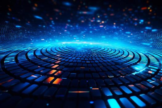 Blue and black abstract background with circular pattern of squares and lights. photo