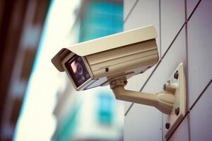 Security camera mounted on the side of white wall with building in the background. Generative AI photo