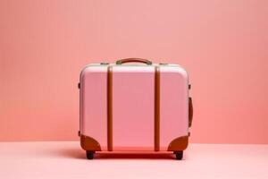 Pink suitcase sitting on top of pink floor next to pink wall. Generative AI photo