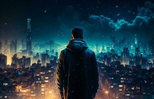 hombre en pie en el medio de ciudad a noche con ciudad horizonte en el antecedentes. generativo ai foto