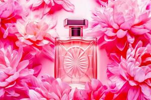 Perfume bottle surrounded by pink flowers on pink background with pink petals. Generative AI photo
