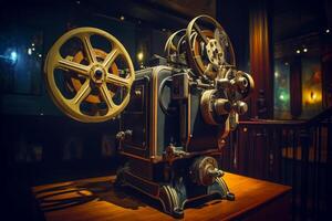 Old movie projector sitting on top of wooden table next to window. photo