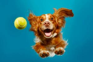 Dog jumping in the air to catch tennis ball with its paws. Generative AI photo