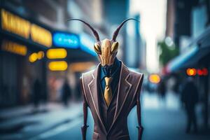 Man in suit and tie standing on street with alien like head. Generative AI photo