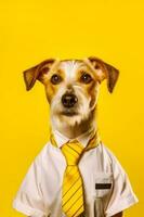 Dog wearing yellow tie and white shirt on yellow background. Generative AI photo