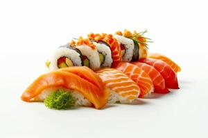 Close up of sushi on white background with white background. Generative AI photo