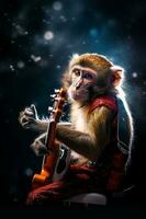 Monkey is holding guitar and wearing red dress and red scarf. Generative AI photo