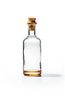 Glass bottle with corked top sitting on white surface with white background. Generative AI photo
